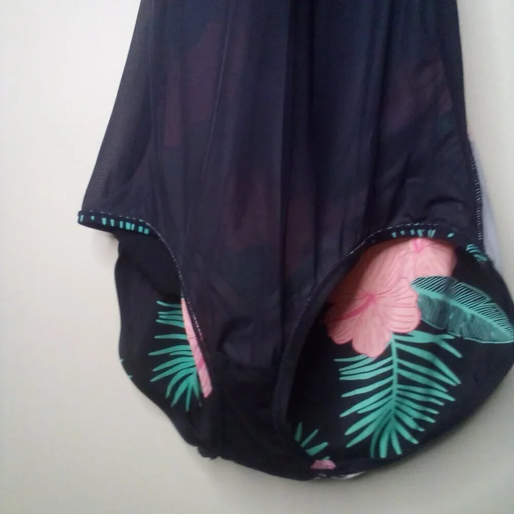 Crane Swimsuit Women XL One Piece Halter Floral Tropical Black Green Pink